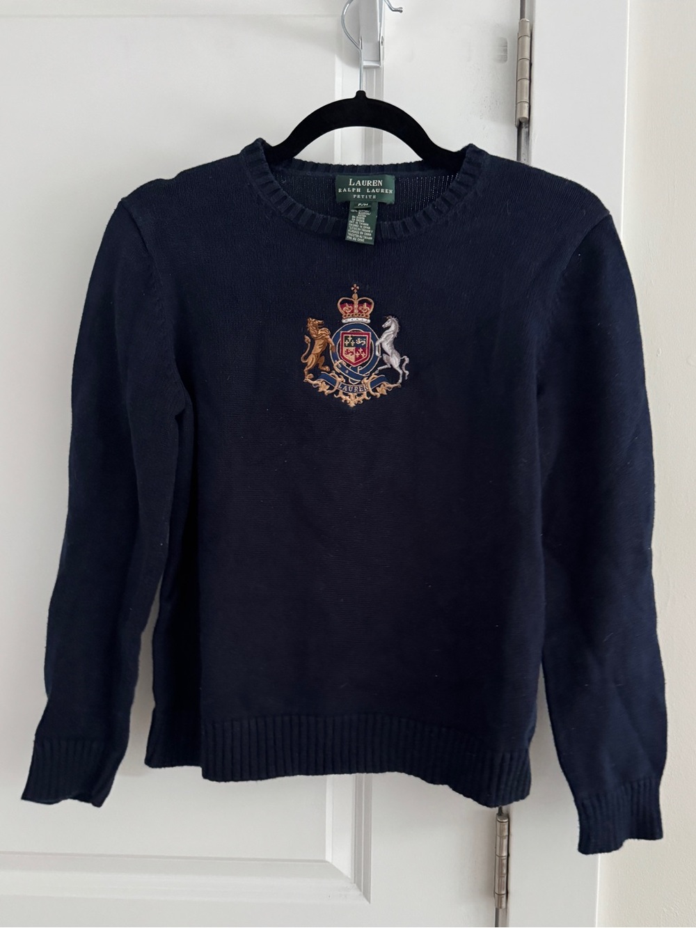 Lauren Ralph Lauren Women's Navy Blue Cotton Crest Logo Crewneck Sweater Size PM